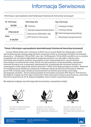 Informacja o wprowadzeniu bezmiedziowych klocków do hamulców tarczowych
