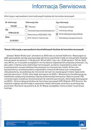 Informacja o wprowadzeniu bezmiedziowych klocków do hamulców tarczowych
