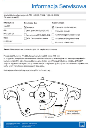 Montaż klocków hamulcowych ATE 13.0460-7236.2 / 13.0470-7236.2. Oś przednia VW T5 100.025